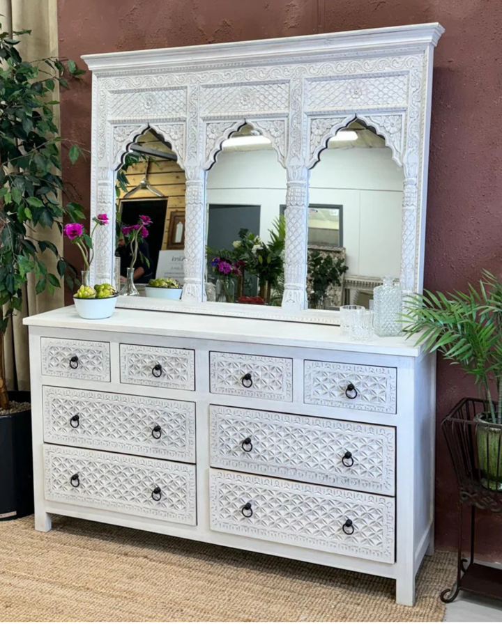 Espejo de tres arcos de madera de mango tallado a mano – Diseño indio de pétalos y hojas