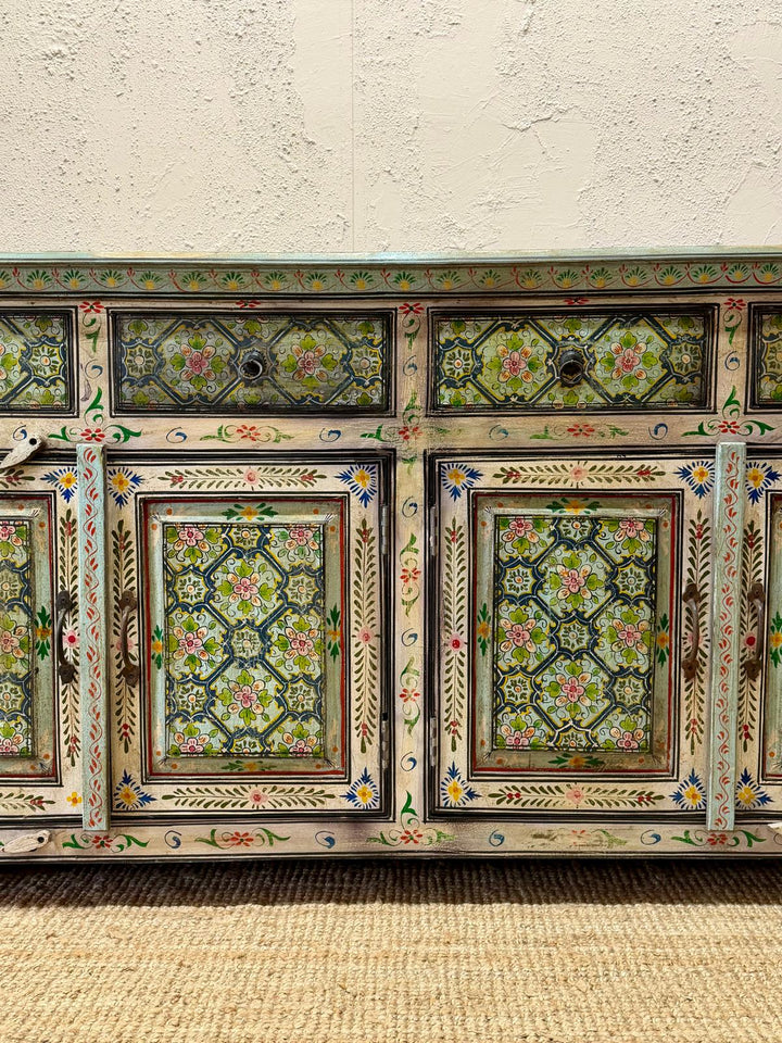 Aparador de madera de mango pintado a mano, 4 puertas y 4 cajones, diseño floral (180 cm)