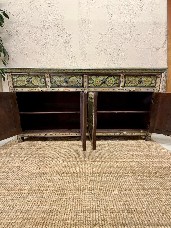 Aparador de madera de mango pintado a mano, 4 puertas y 4 cajones, diseño floral (180 cm)