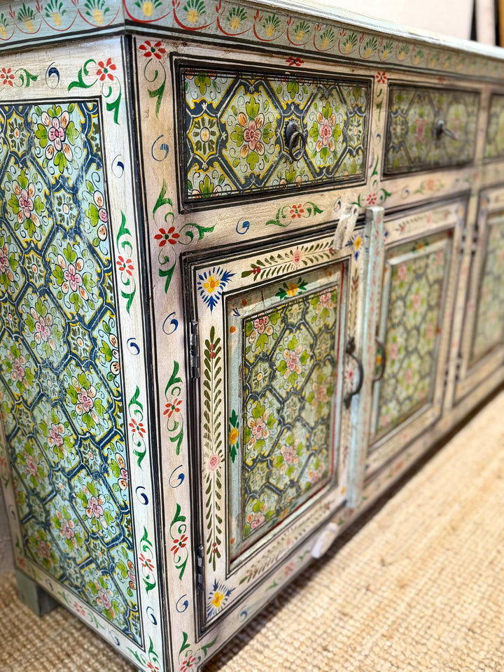 Aparador de madera de mango pintado a mano, 4 puertas y 4 cajones, diseño floral (180 cm)