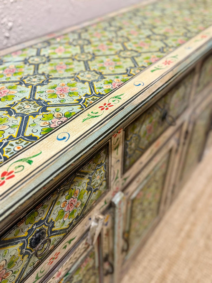 Aparador de madera de mango pintado a mano, 4 puertas y 4 cajones, diseño floral (180 cm)