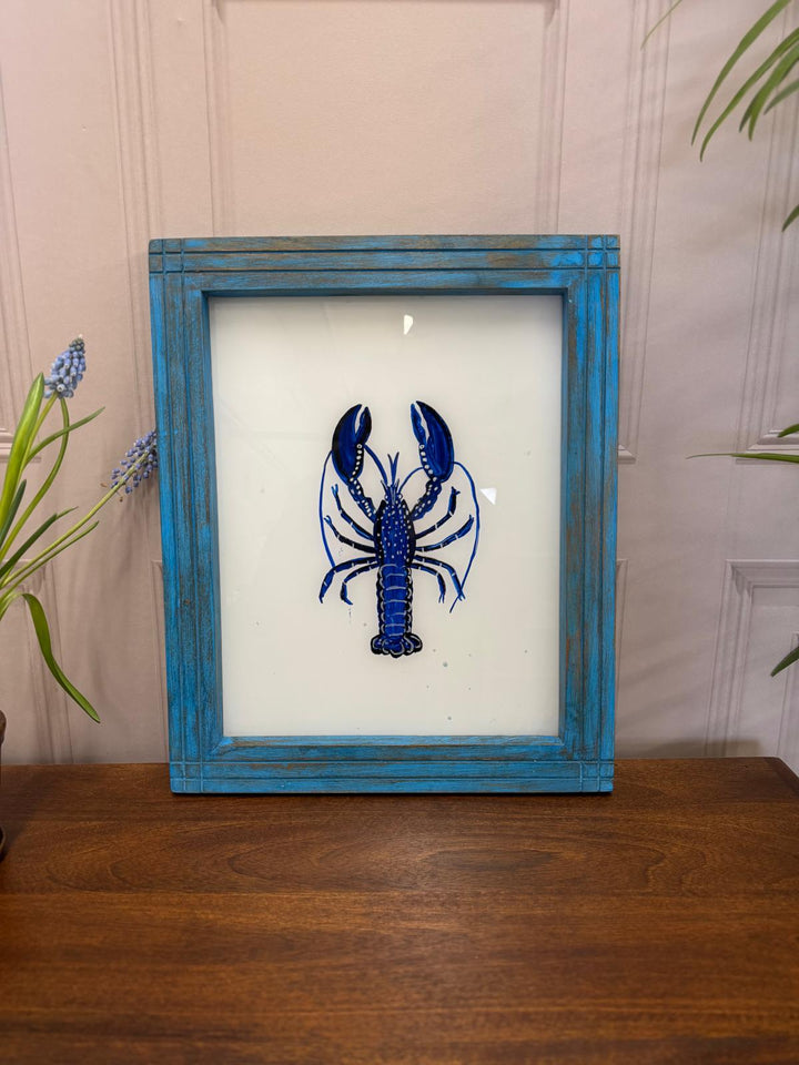 Hand-Painted Blue Lobster Oil Painting – Reclaimed Mango Wood Frame (37 x 45 cm)