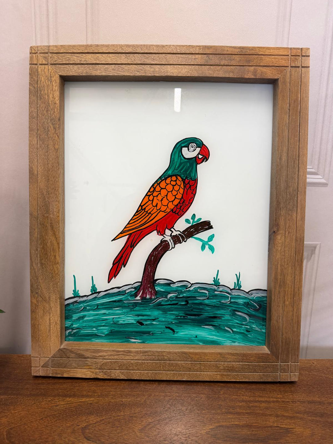 Hand-Painted Parrot Oil Painting – Reclaimed Mango Wood Frame (37 x 45 cm)