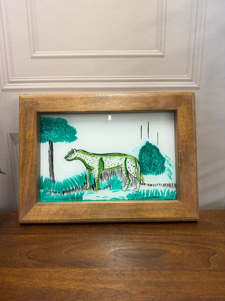 Hand-Painted Leopard Oil Painting – Reclaimed Mango Wood Frame (27 x 37 cm)