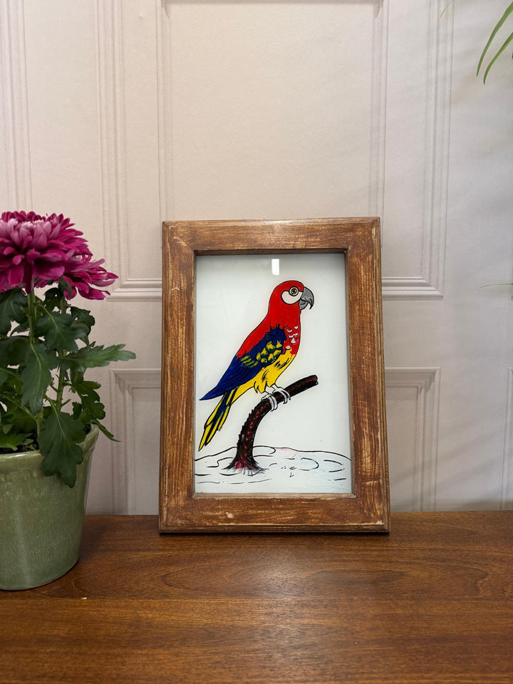 Hand-Painted Parrot Oil Painting – Reclaimed Mango Wood Frame (27 x 37 cm)