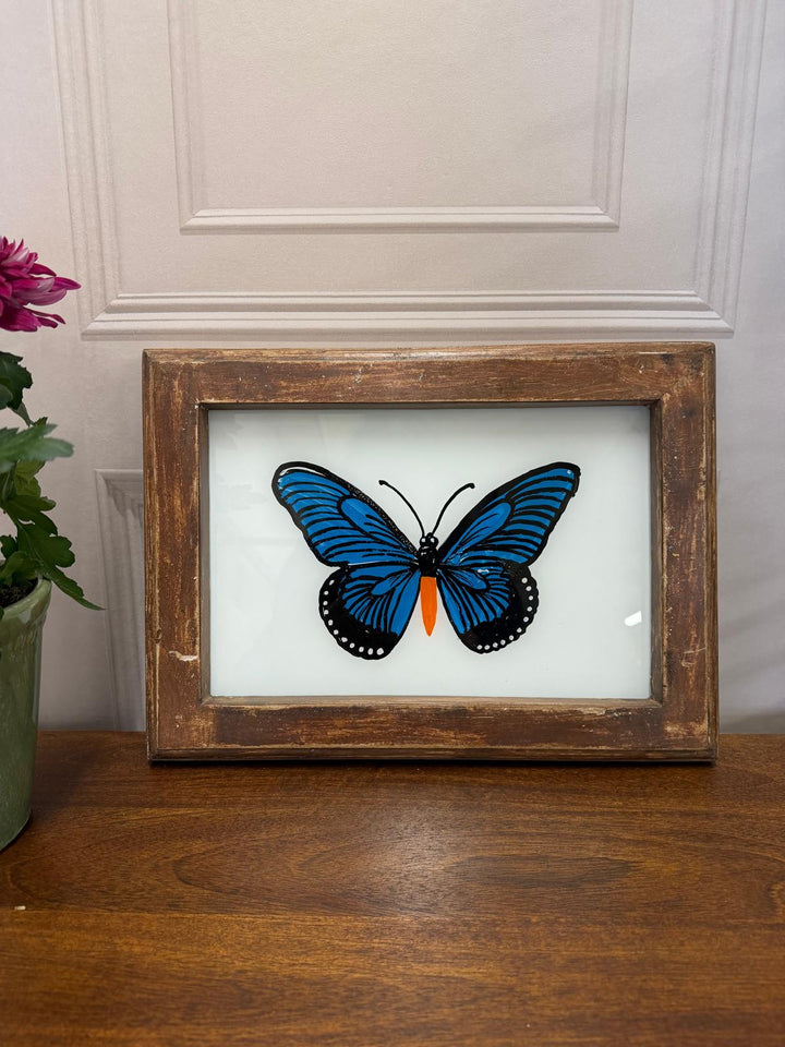 Hand-Painted Blue Butterfly Oil Painting – Reclaimed Mango Wood Frame (22 x 29 cm)