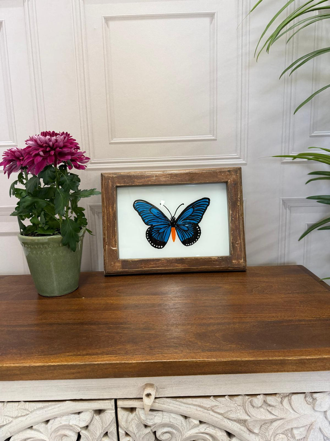 Hand-Painted Blue Butterfly Oil Painting – Reclaimed Mango Wood Frame (22 x 29 cm)