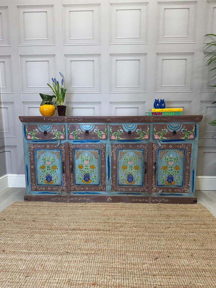 Vintage Hand-Painted Mango Wood Sideboard – 4 Doors, 4 Drawers, Turquoise Finish