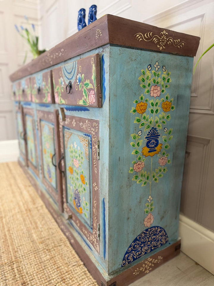 Vintage Hand-Painted Mango Wood Sideboard – 4 Doors, 4 Drawers, Turquoise Finish