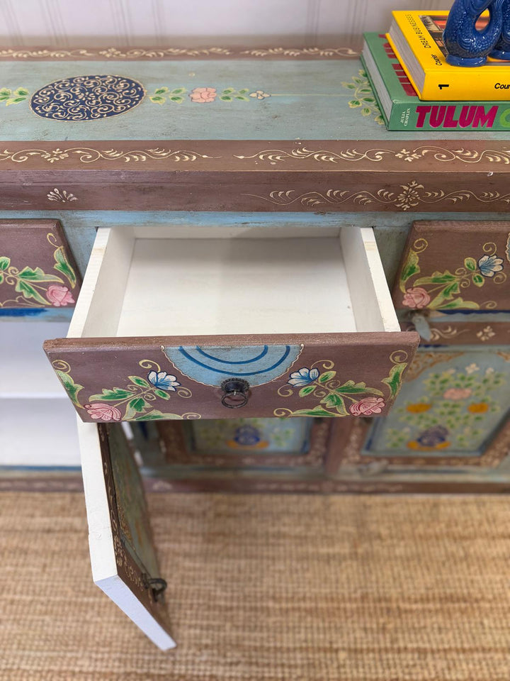 Vintage Hand-Painted Mango Wood Sideboard – 4 Doors, 4 Drawers, Turquoise Finish