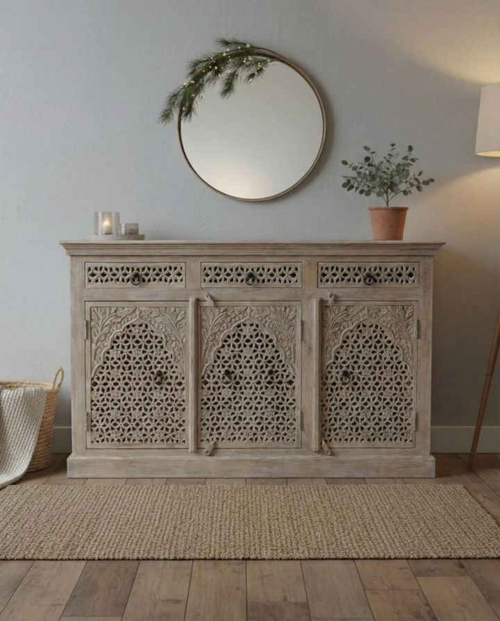 Three Door Three Drawer Mango Wood Sideboard – Creamwashed Jali Design