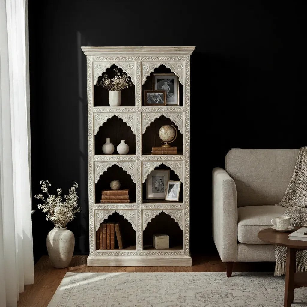 Hand-Carved Mango Wood Bookcase – Cream-Washed Light Natural Finish with Arched Shelves
