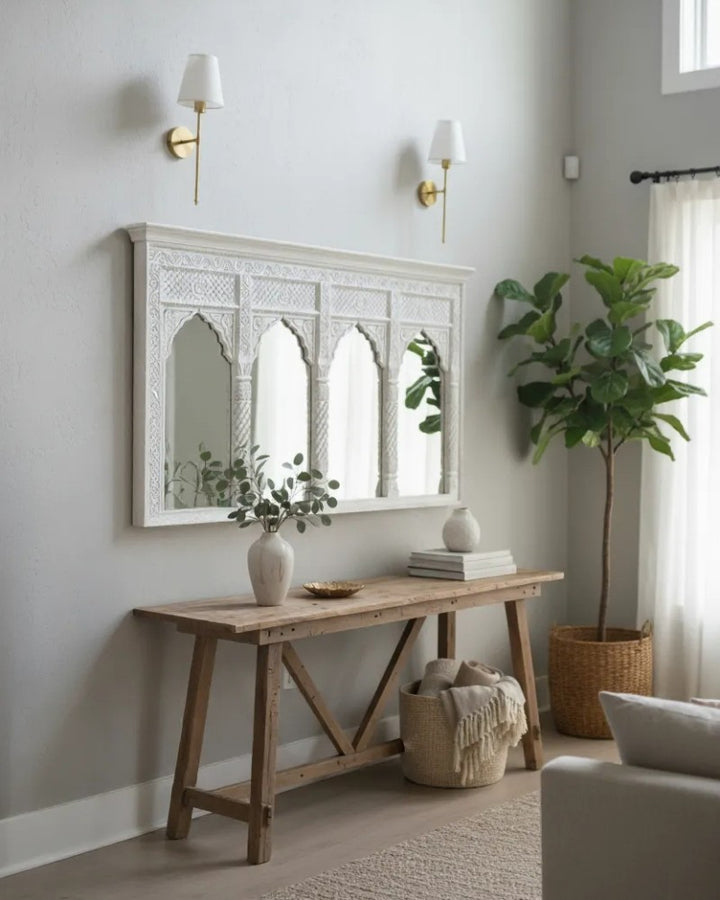 Espejo de cuatro arcos de madera de mango tallado a mano: diseño tradicional inspirado en un templo