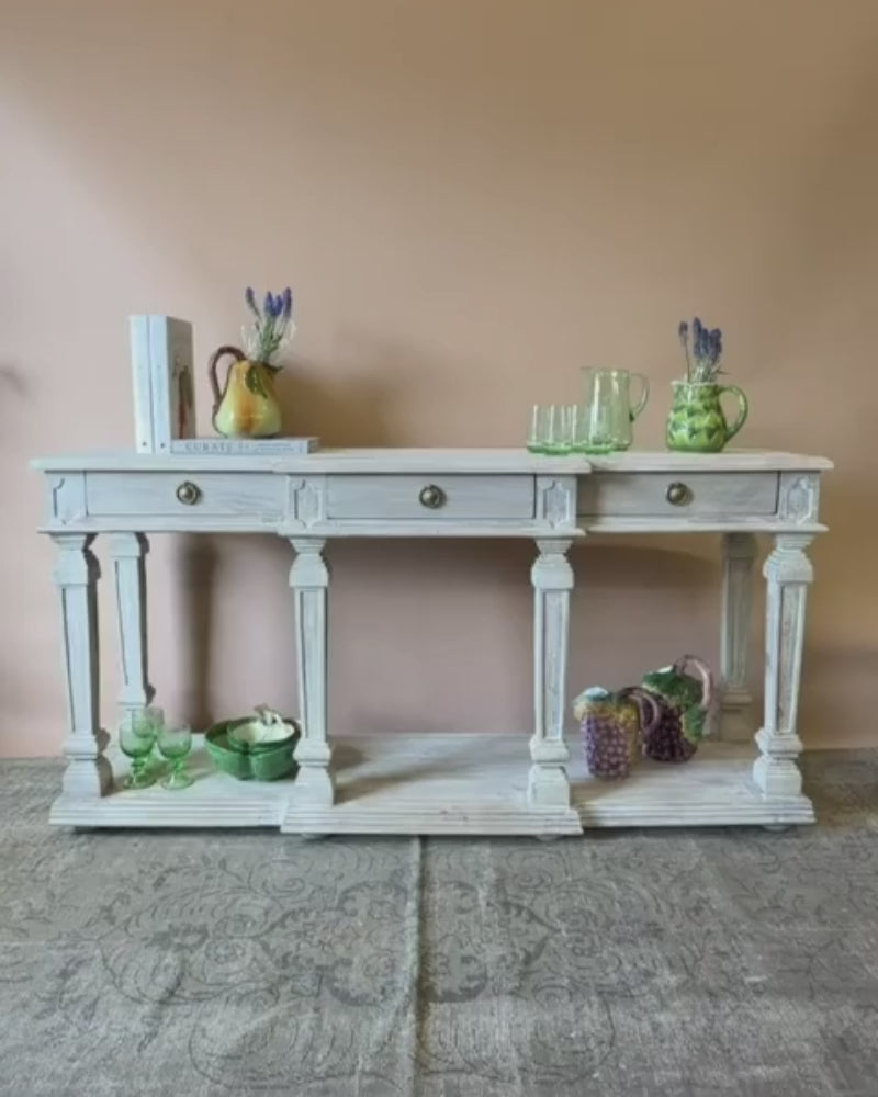 Whitewashed Mango Wood Imperial Console Table with Drawers and Shelf