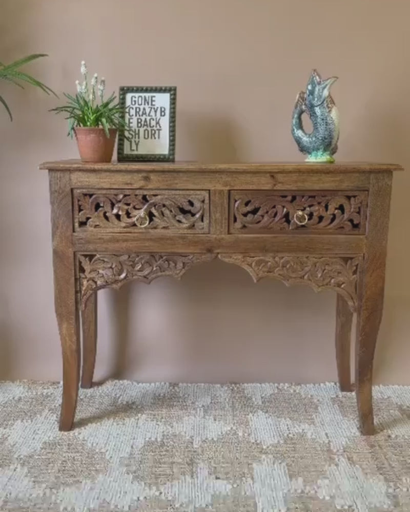 Hand-Carved Mango Wood Console Table with Floral Openwork